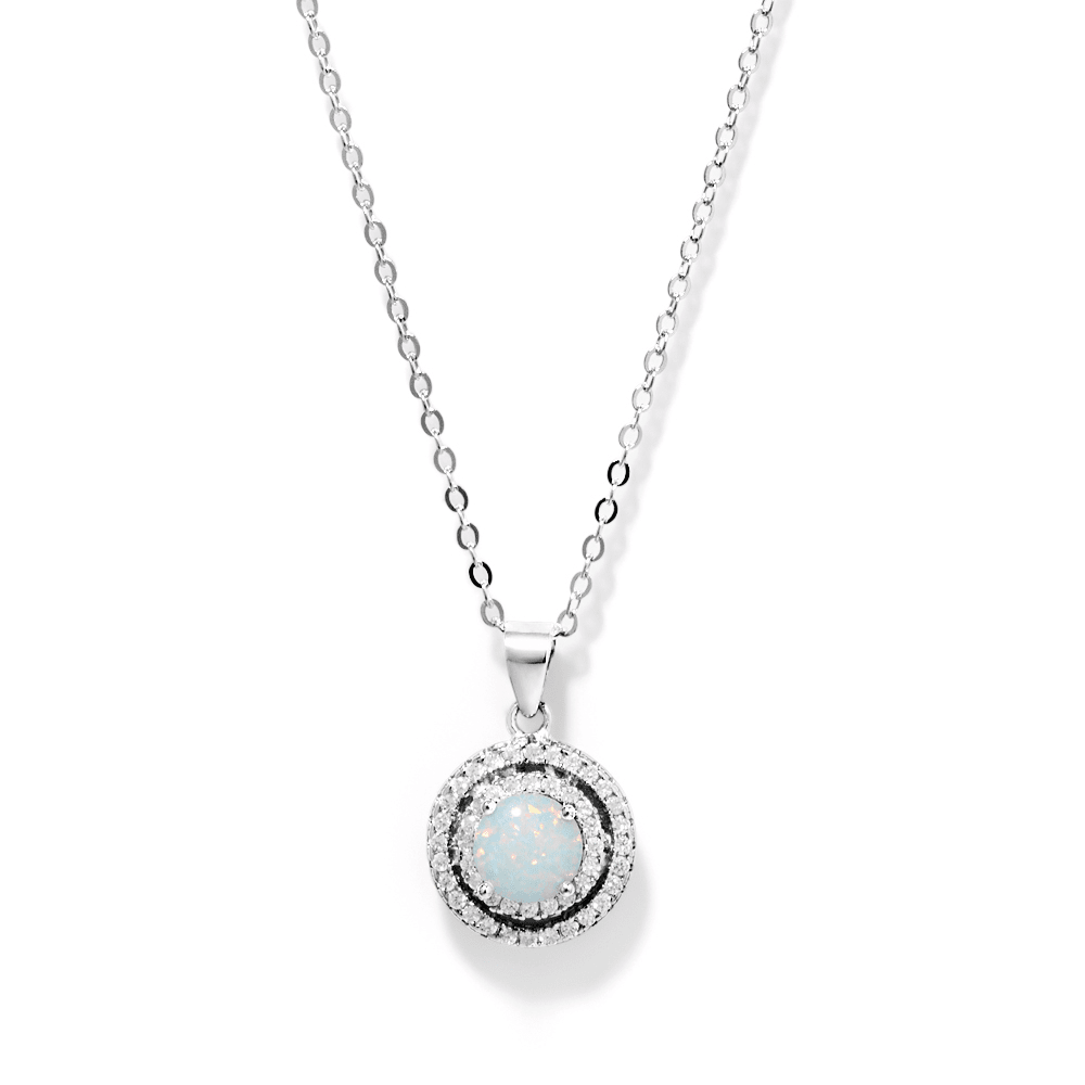 45cm October Birthstone Synthetic Opal and Cubic Zirconia Halo Necklace in Sterling Silver Pendants Bevilles 