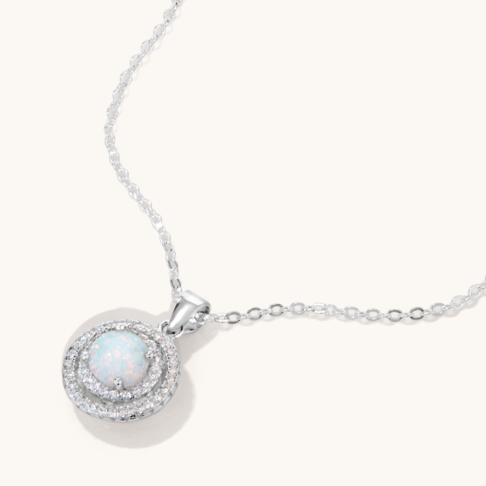 45cm October Birthstone Synthetic Opal and Cubic Zirconia Halo Necklace in Sterling Silver Pendants Bevilles 