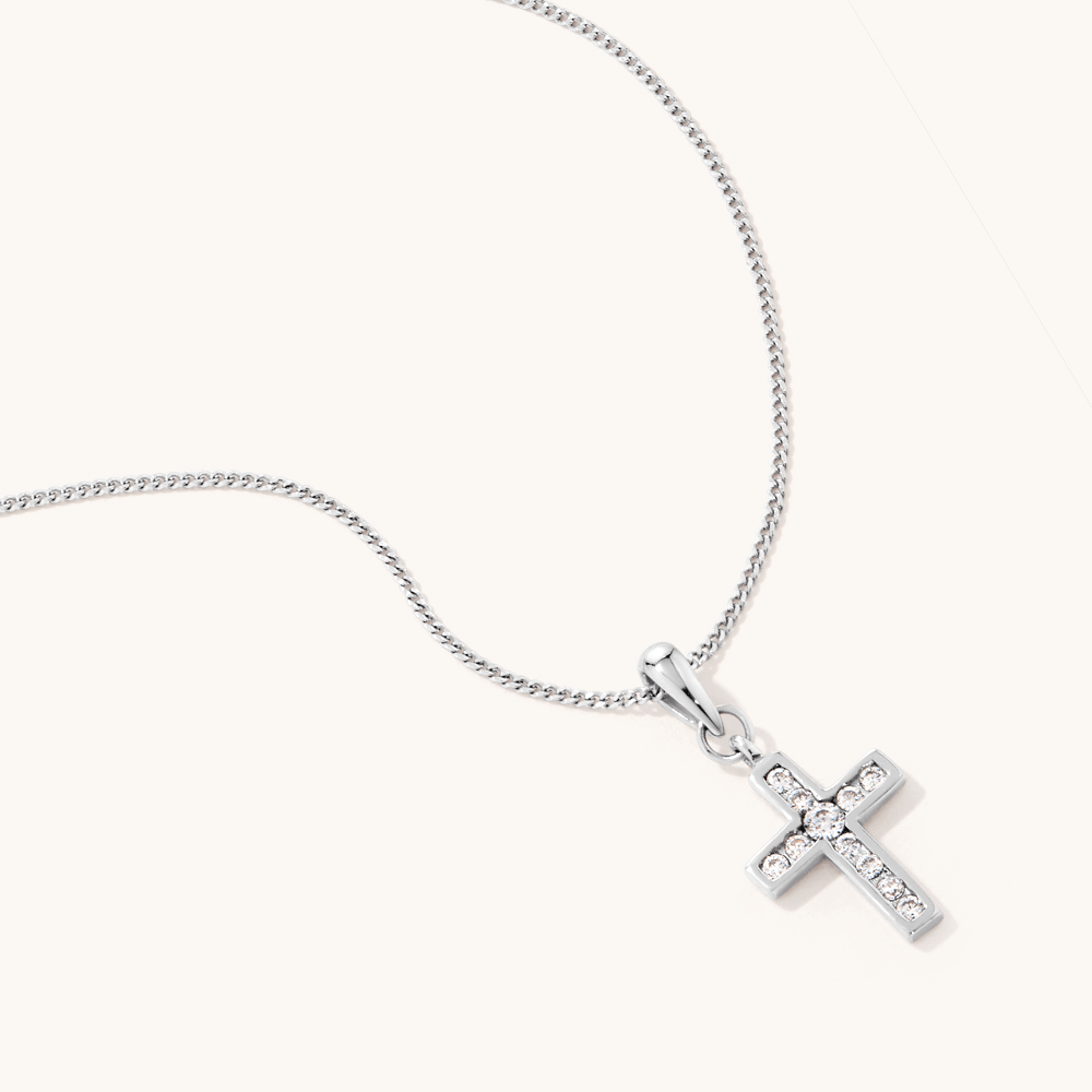 45cm White Cubic Zirconia Cross Pendant Necklace in Sterling Silver Pendants Bevilles 