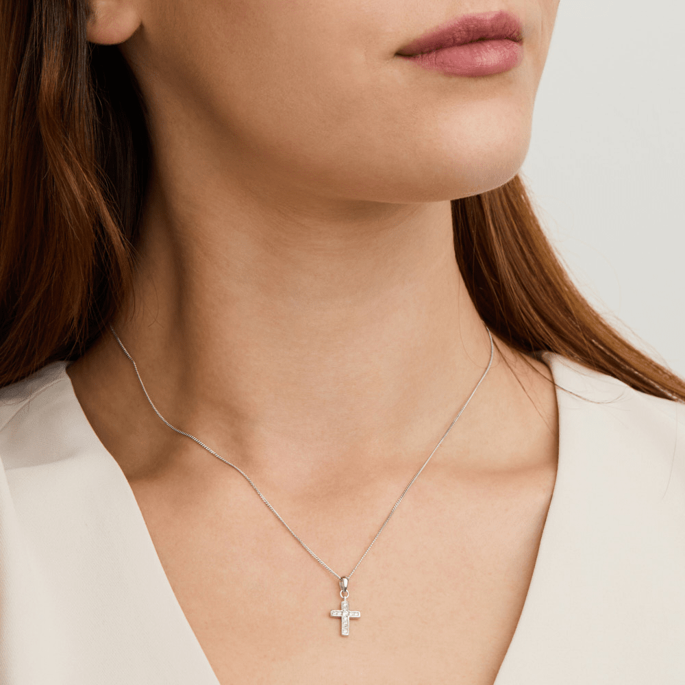 45cm White Cubic Zirconia Cross Pendant Necklace in Sterling Silver Pendants Bevilles 