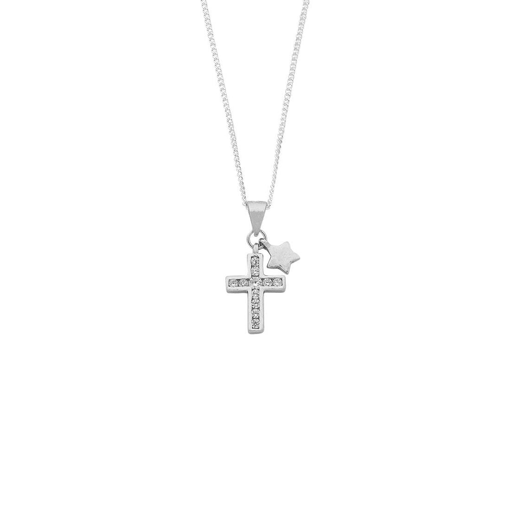45cm Sterling Silver Cross and Star Cubic Zirconia Necklace Pendants Bevilles 