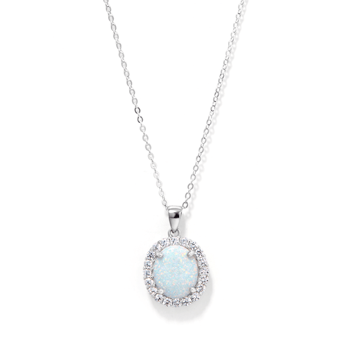 45cm October Birthstone Sterling Silver Oval Synthetic Opal and Cubic Zirconia Necklace Pendants Bevilles 