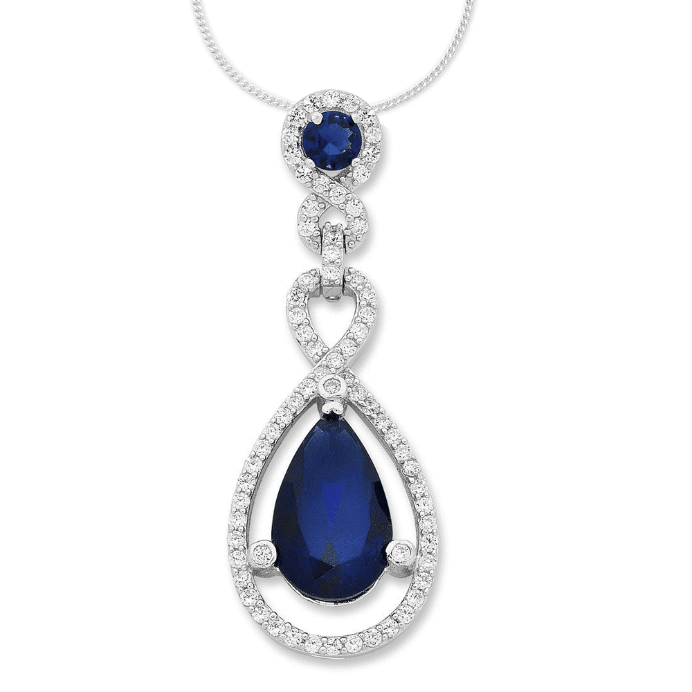 45cm Sterling Silver Blue Cubic Zirconia Pear Necklace Pendants Bevilles 