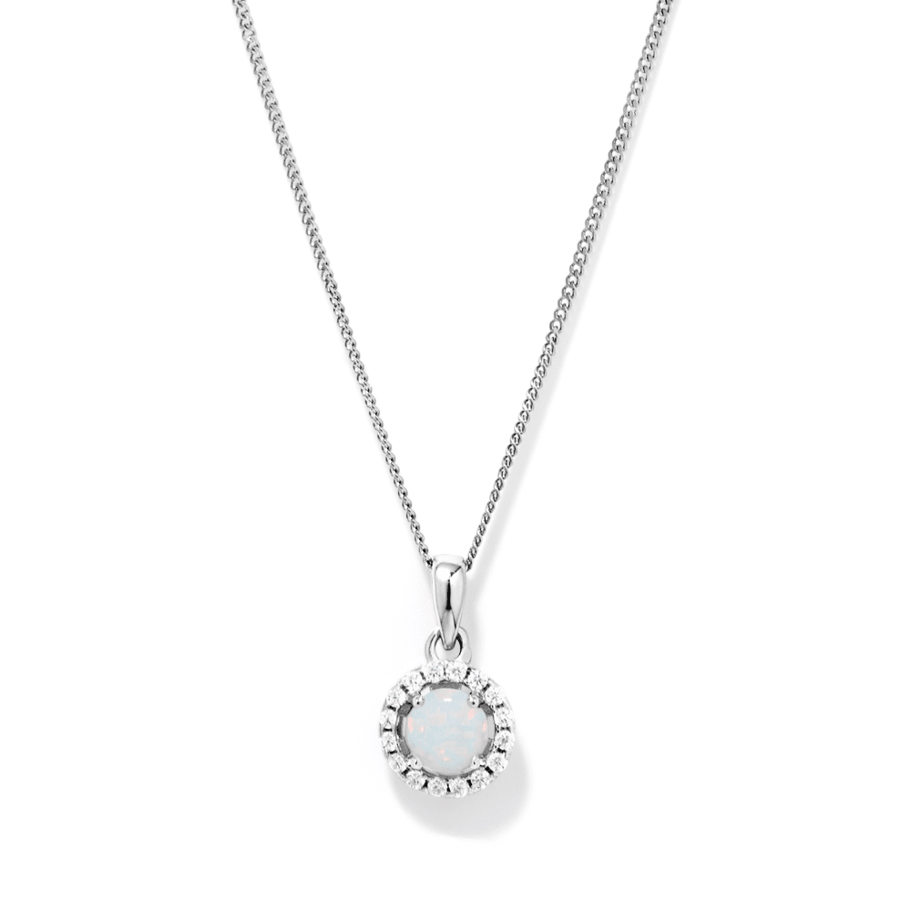 45cm Synthetic Opal and Cubic Zirconia Halo Necklace in Sterling Silver Pendants Bevilles 