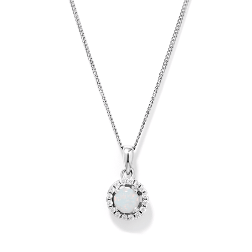 45cm Synthetic Opal and Cubic Zirconia Halo Necklace in Sterling Silver Pendants Bevilles 