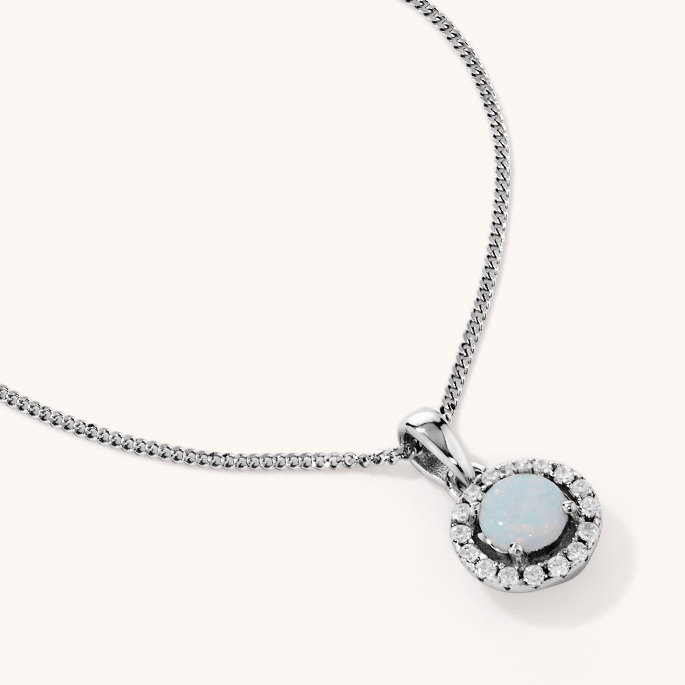 45cm Synthetic Opal and Cubic Zirconia Halo Necklace in Sterling Silver Pendants Bevilles 