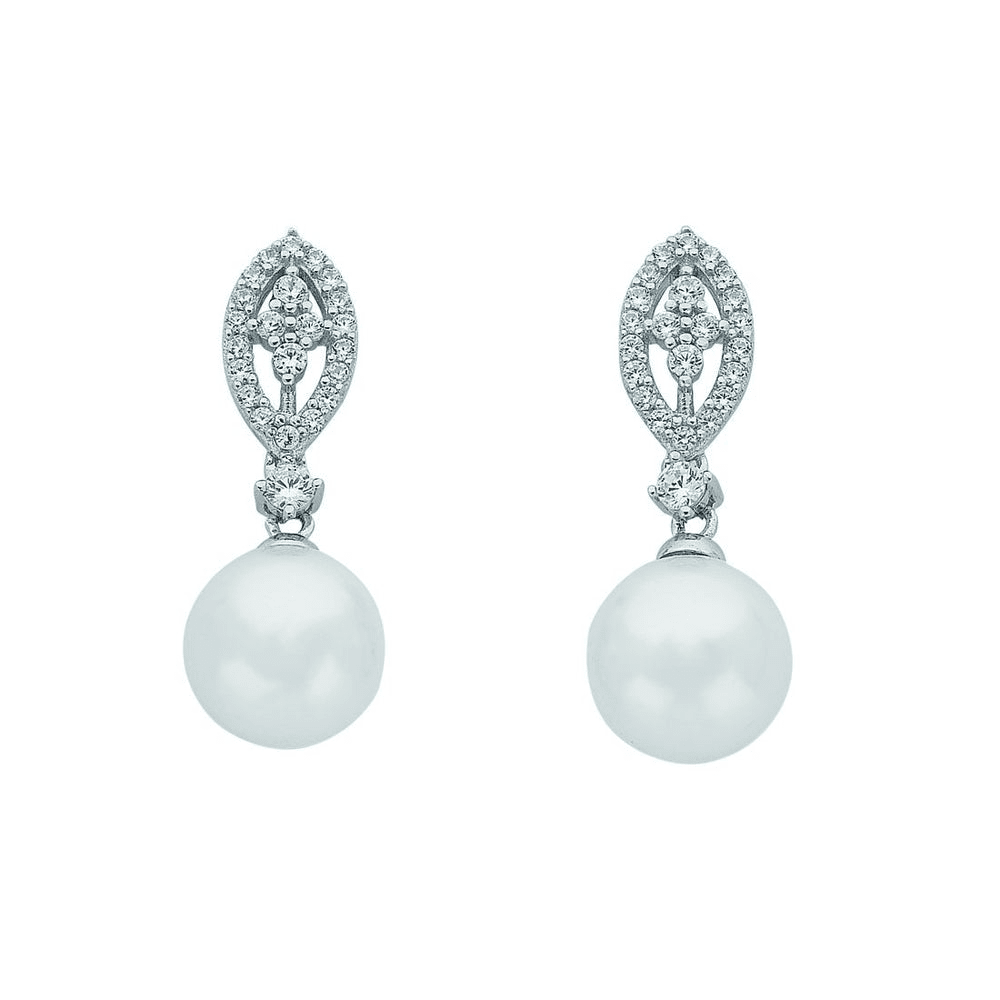 10mm Sterling Silver Synthetic Pearl Cubic Zirconia Marquise Earrings Earrings Bevilles 