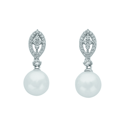 10mm Sterling Silver Synthetic Pearl Cubic Zirconia Marquise Earrings Earrings Bevilles 