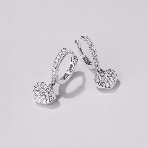 Cubic Zirconia Heart Drop Hoop Earrings in Sterling Silver Earrings Bevilles 