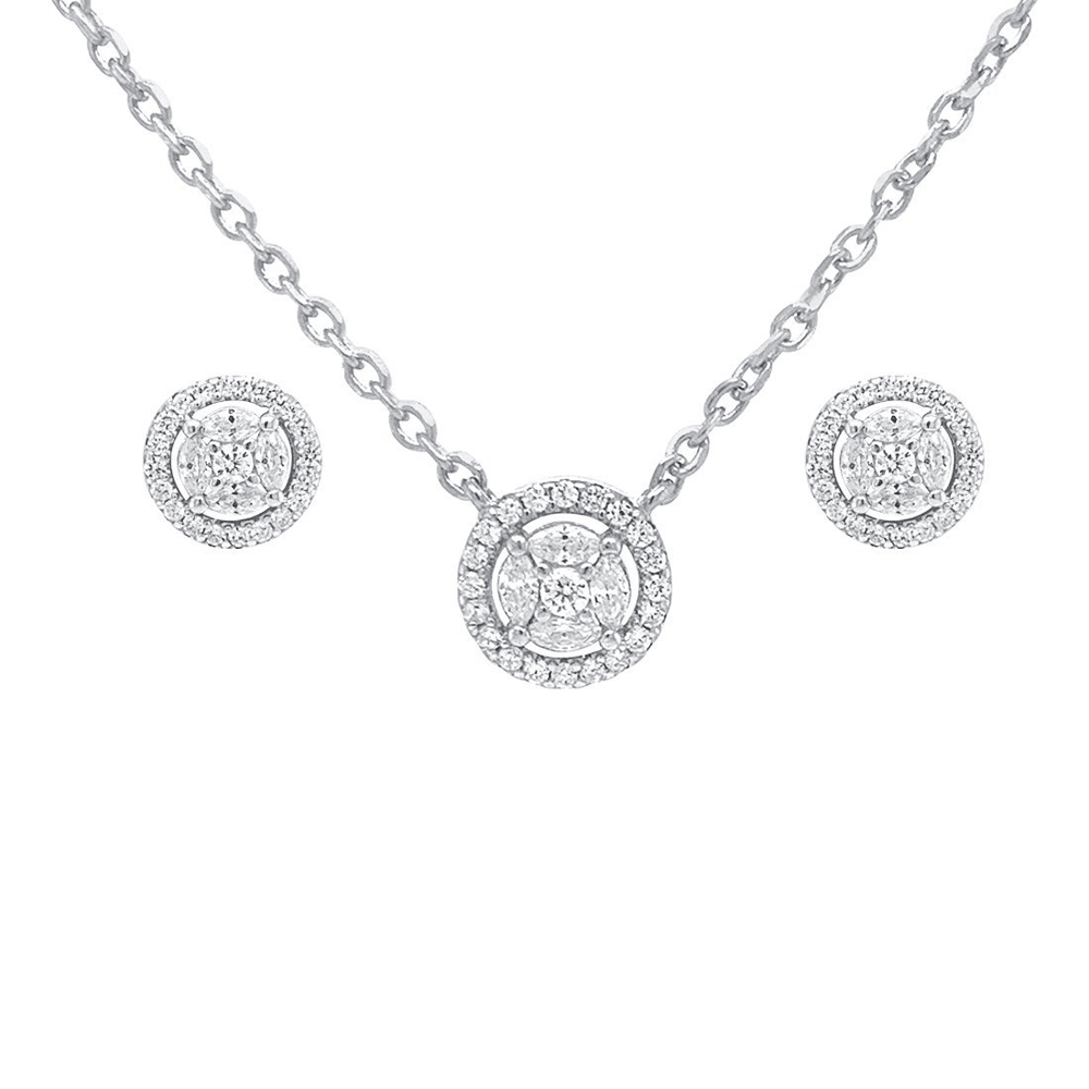 Halo Cubic Zirconia Earring and Necklace Set in Sterling Silver Bevilles 