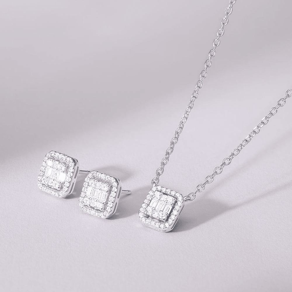 Halo Earring and Necklace Set with Cubic Zirconia in Sterling Silver Bevilles 