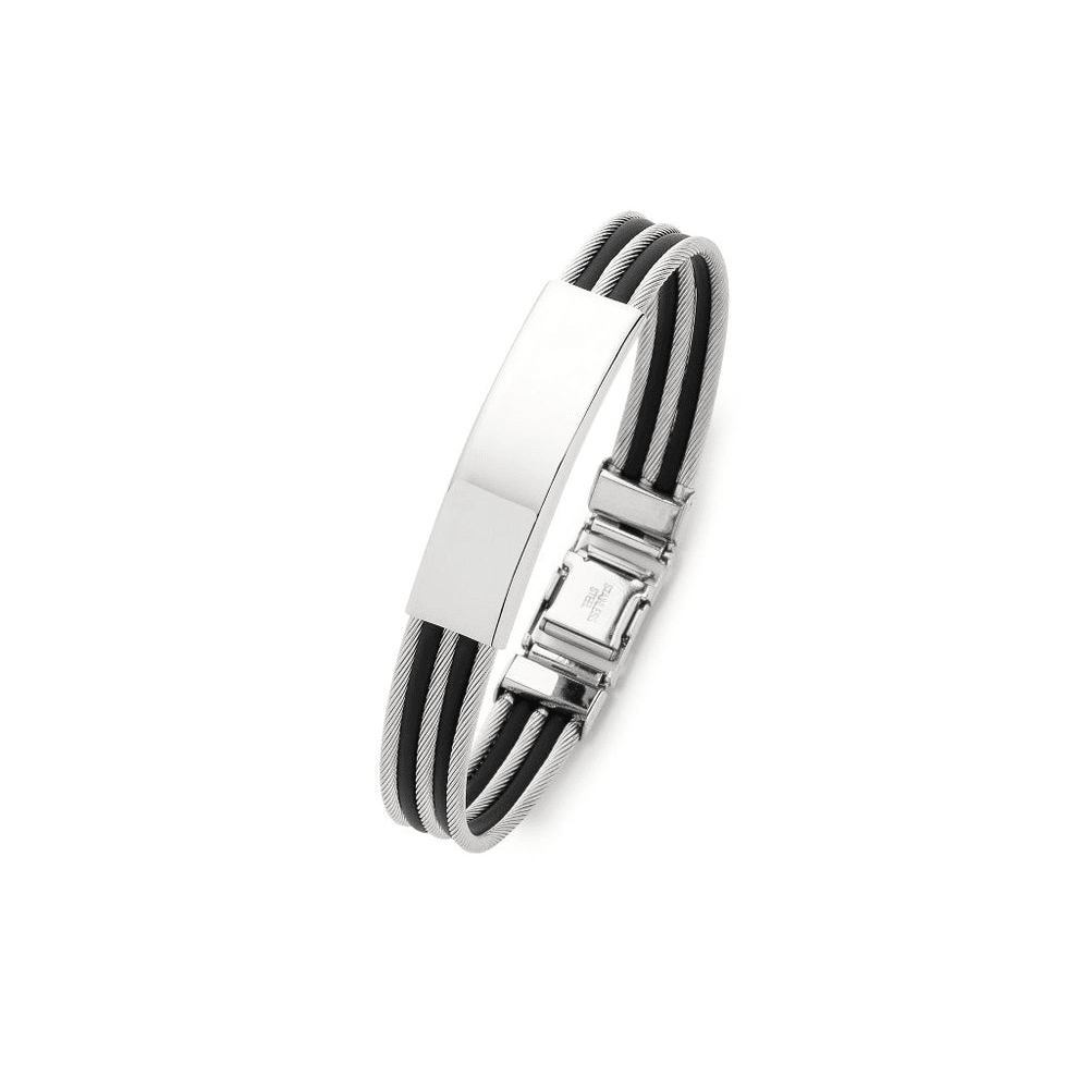 Stainless Steel ID Alternating Wire and Black Rubber Bangle Bracelets Bevilles 