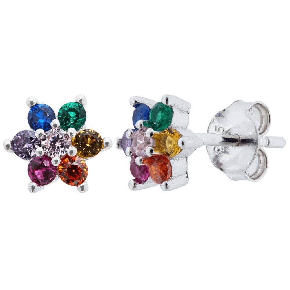 Rainbow Cubic Zirconia Flower Earrings in Sterling Silver Earrings Bevilles 