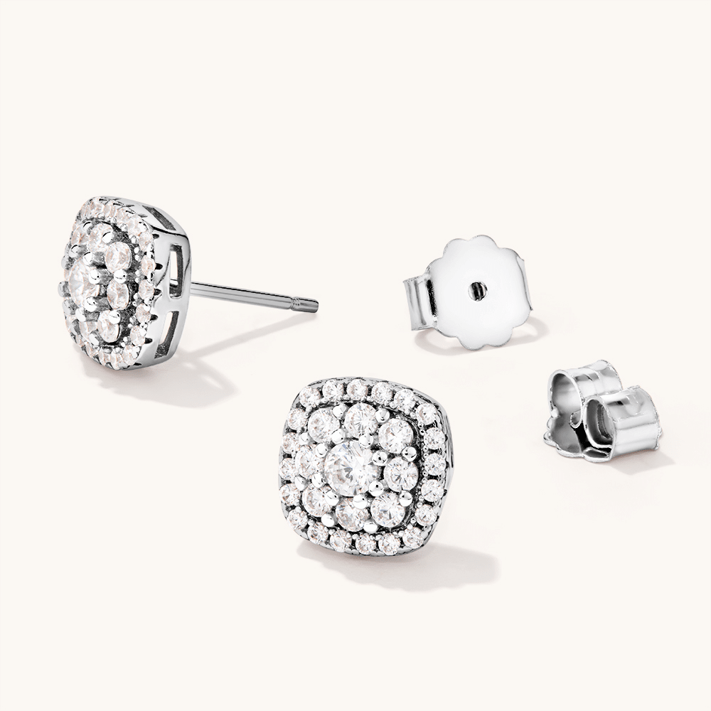 Cubic Zirconia 8mm Square Halo Sterling Silver Earrings Earrings Bevilles 