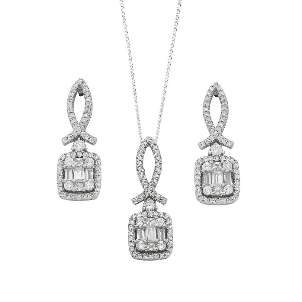 Sterling Silver Baguette Cubic Zirconia Cluster Earrings and Necklace Set Bevilles 