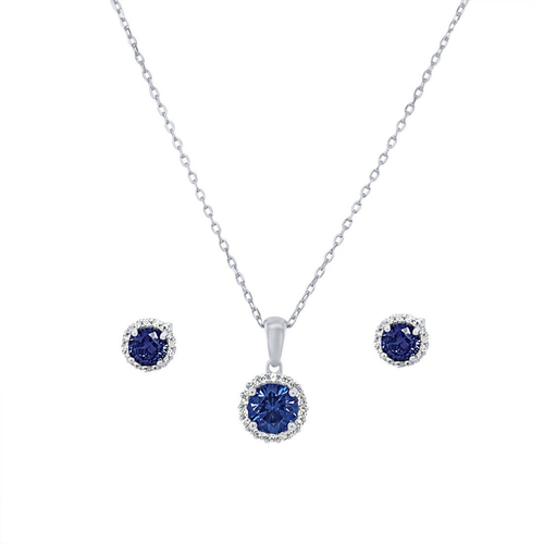 Blue Cubic Zirconia Halo Necklace & Earrings Jewellery Set Bevilles 