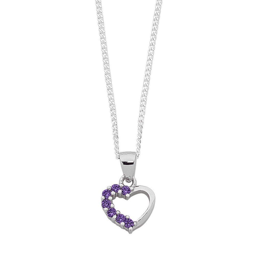 40cm Children's Purple Cubic Zirconia Heart Necklace in Sterling Silver Pendants Bevilles 