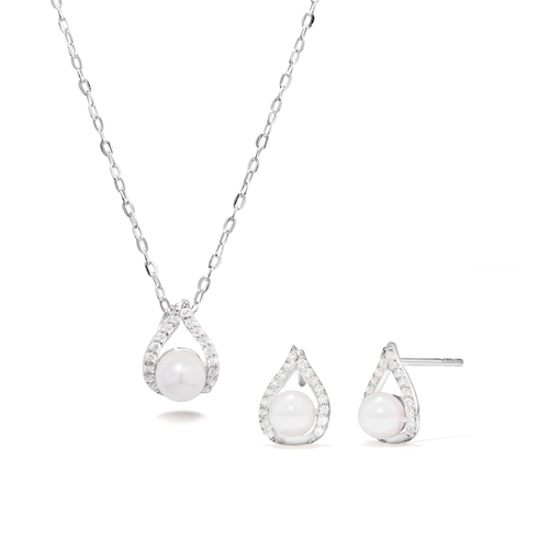 Synthetic White Pearl Necklace and Earrings Set in Sterling Silver Bevilles 