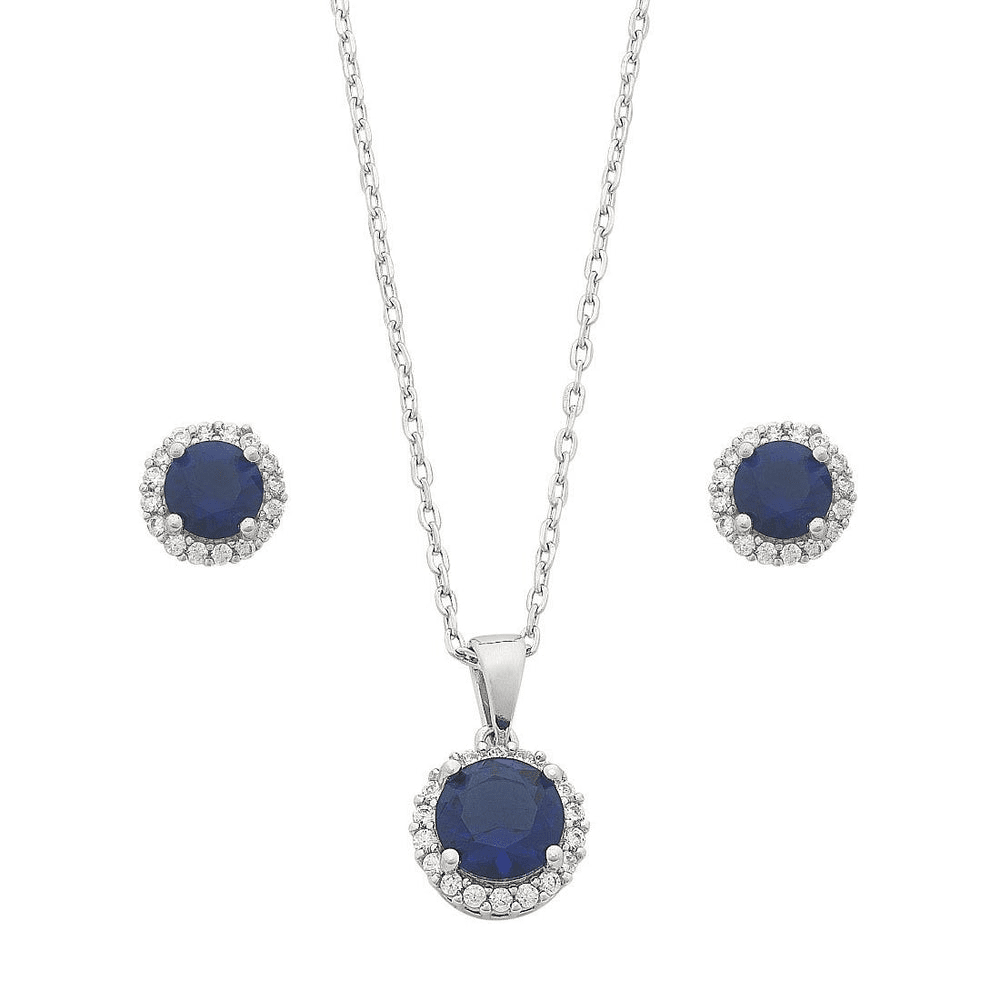 Sterling Silver Dark Blue Cubic Zirconia Earrings and Necklace Set Bevilles 