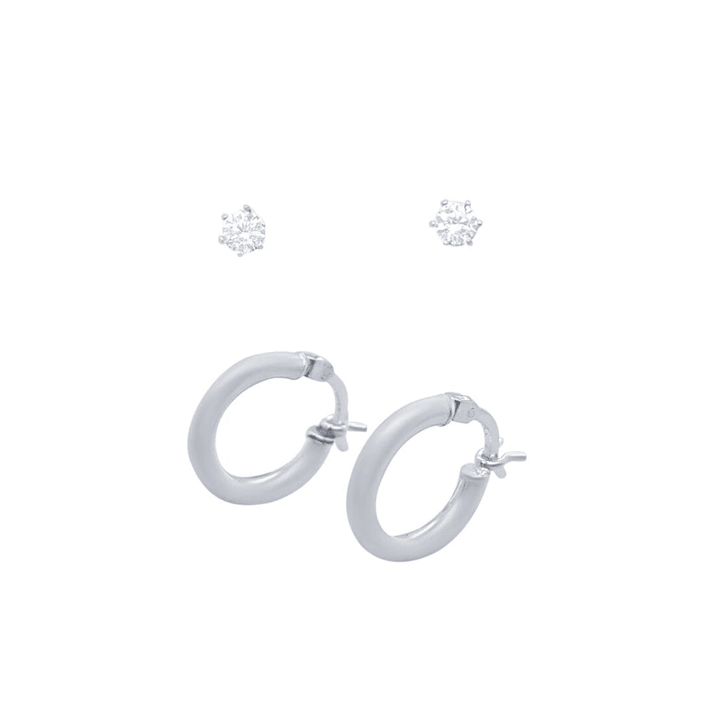 Plain Round Hoop and Stud Earring Set with Cubic Zirconia in Sterling Silver Bevilles 