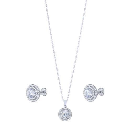 Sterling Silver Cubic Zirconia Double Halo Stud Earring and Necklace Set Bevilles 