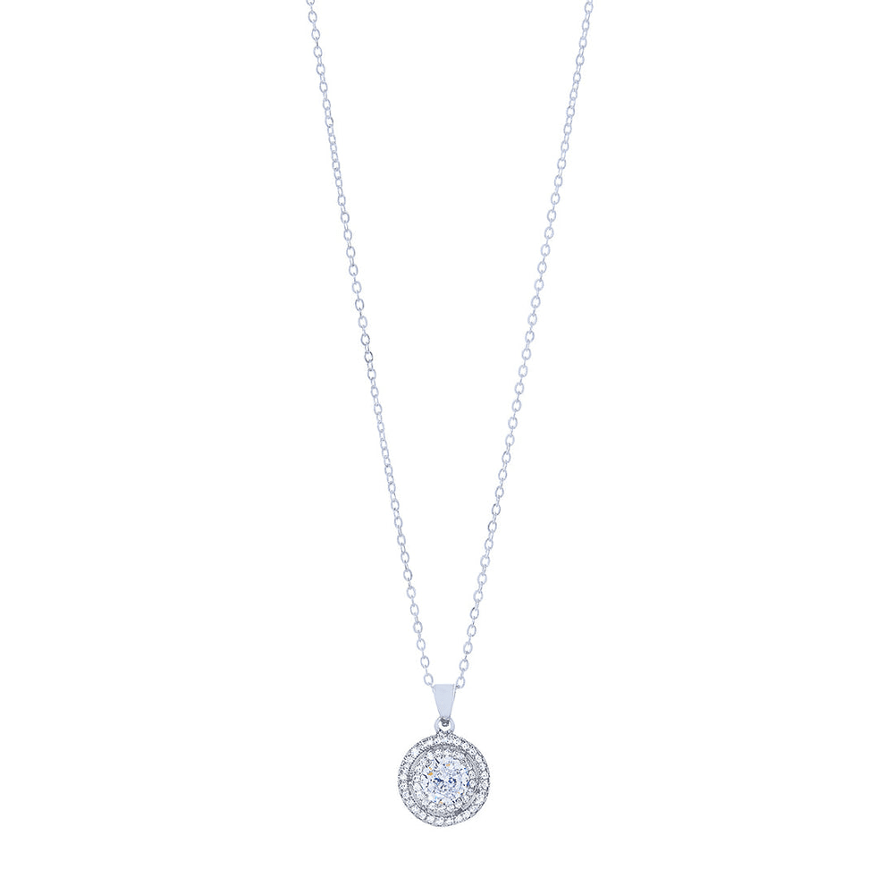 Sterling Silver Cubic Zirconia Double Halo Stud Earring and Necklace Set Bevilles 