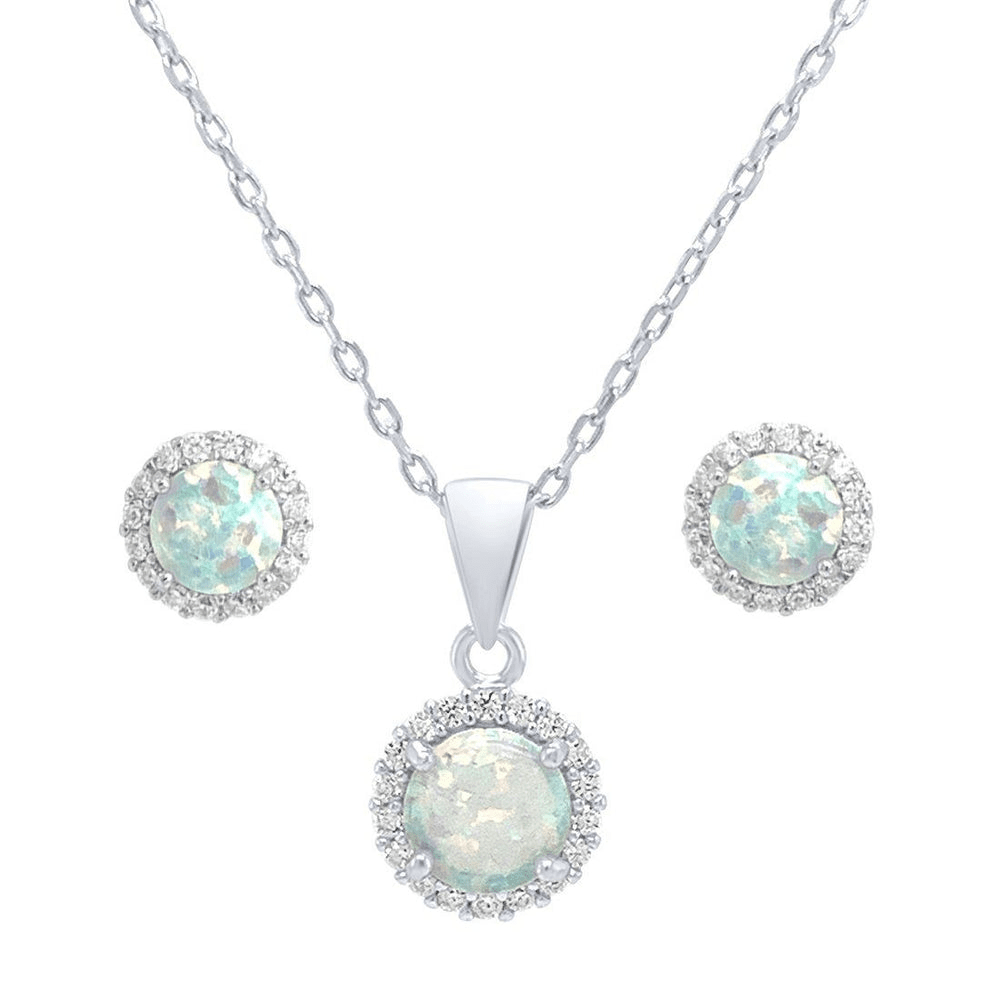 Sterling Silver and Synthetic White Opal and Cubic Zirconia Earrings and Necklace 45cm Set Bevilles 