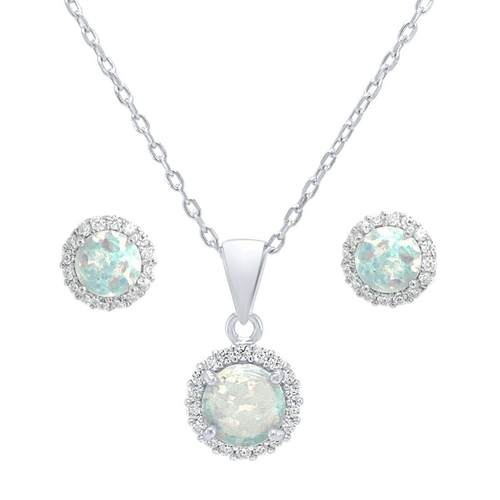 Sterling Silver and Synthetic White Opal and Cubic Zirconia Earrings and Necklace 45cm Set Bevilles 