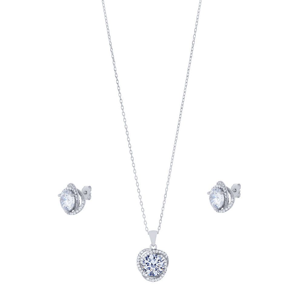 Sterling Silver Cubic Zirconia Swirl Halo Stud Earrings and Necklace Set Bevilles 