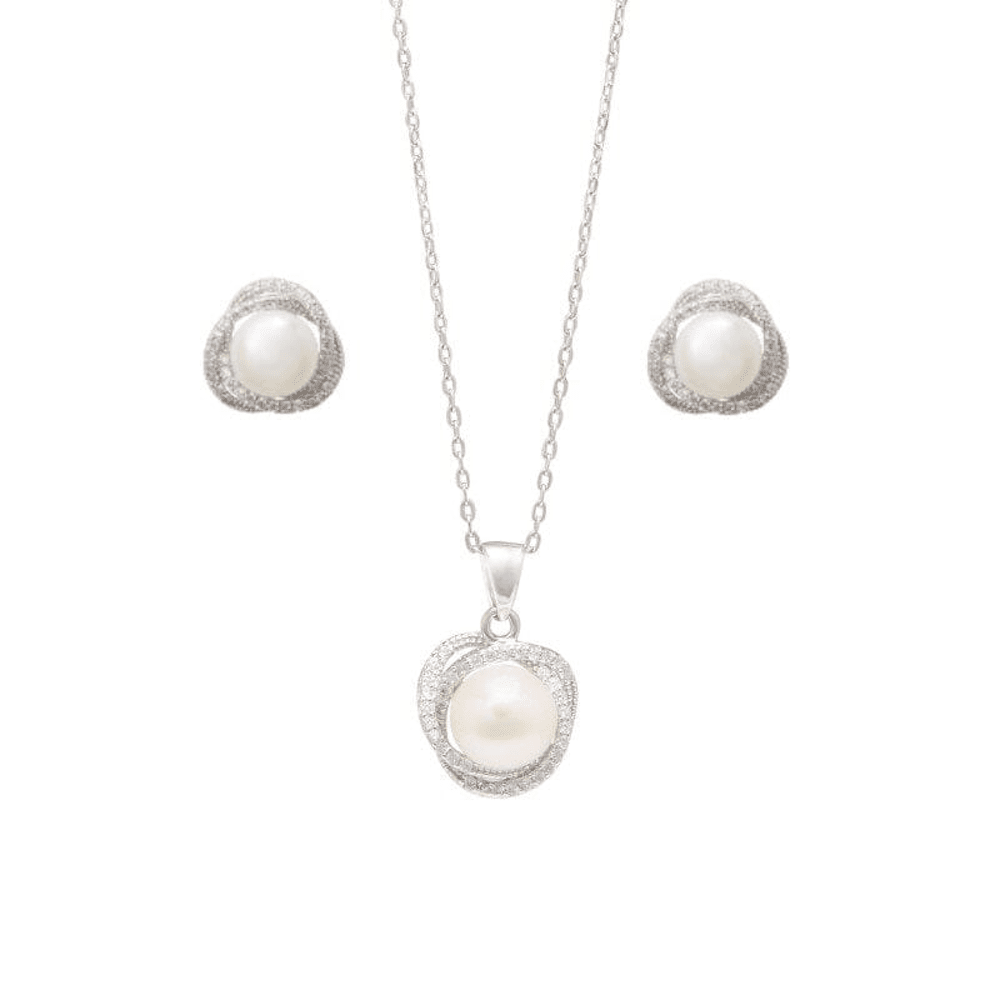 Synthetic Pearl Stud Earrings and Necklace With Cubic Zirconia Set in Sterling Silver Bevilles 