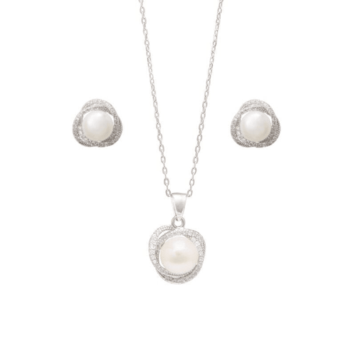 Synthetic Pearl Stud Earrings and Necklace With Cubic Zirconia Set in Sterling Silver Bevilles 