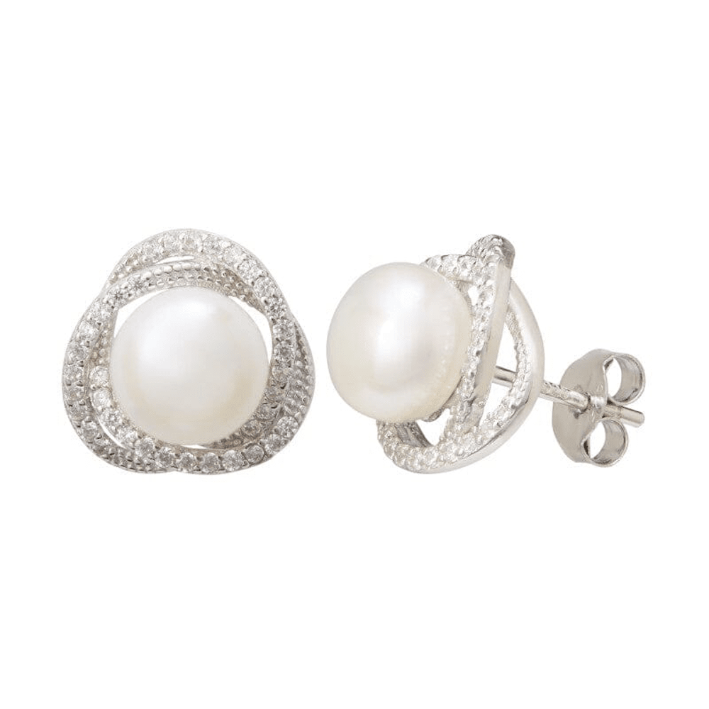 Synthetic Pearl Stud Earrings and Necklace With Cubic Zirconia Set in Sterling Silver Bevilles 