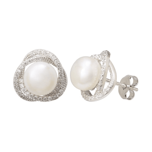 Synthetic Pearl Stud Earrings and Necklace With Cubic Zirconia Set in Sterling Silver Bevilles 