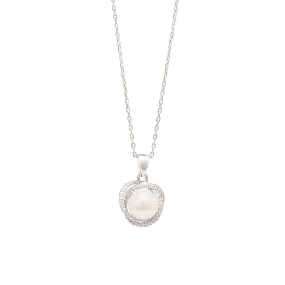 Synthetic Pearl Stud Earrings and Necklace With Cubic Zirconia Set in Sterling Silver Bevilles 