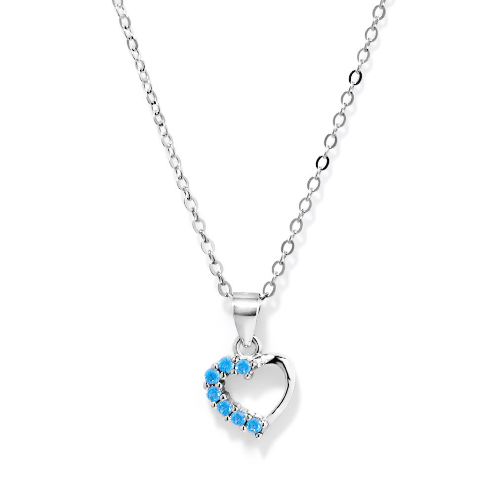 40cm Children's Light Blue Cubic Zirconia Heart Necklace in Sterling Silver Pendants Bevilles 
