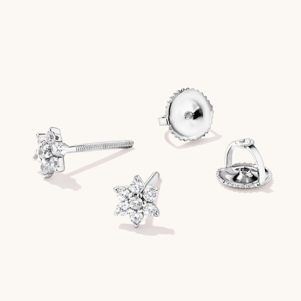 Children's Cubic Zirconia Flower Screw Back Earrings in Sterling Silver Earrings Bevilles 