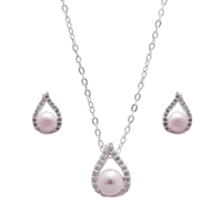 Synthetic Pink Pearl Necklace and Earrings Set in Sterling Silver Bevilles 