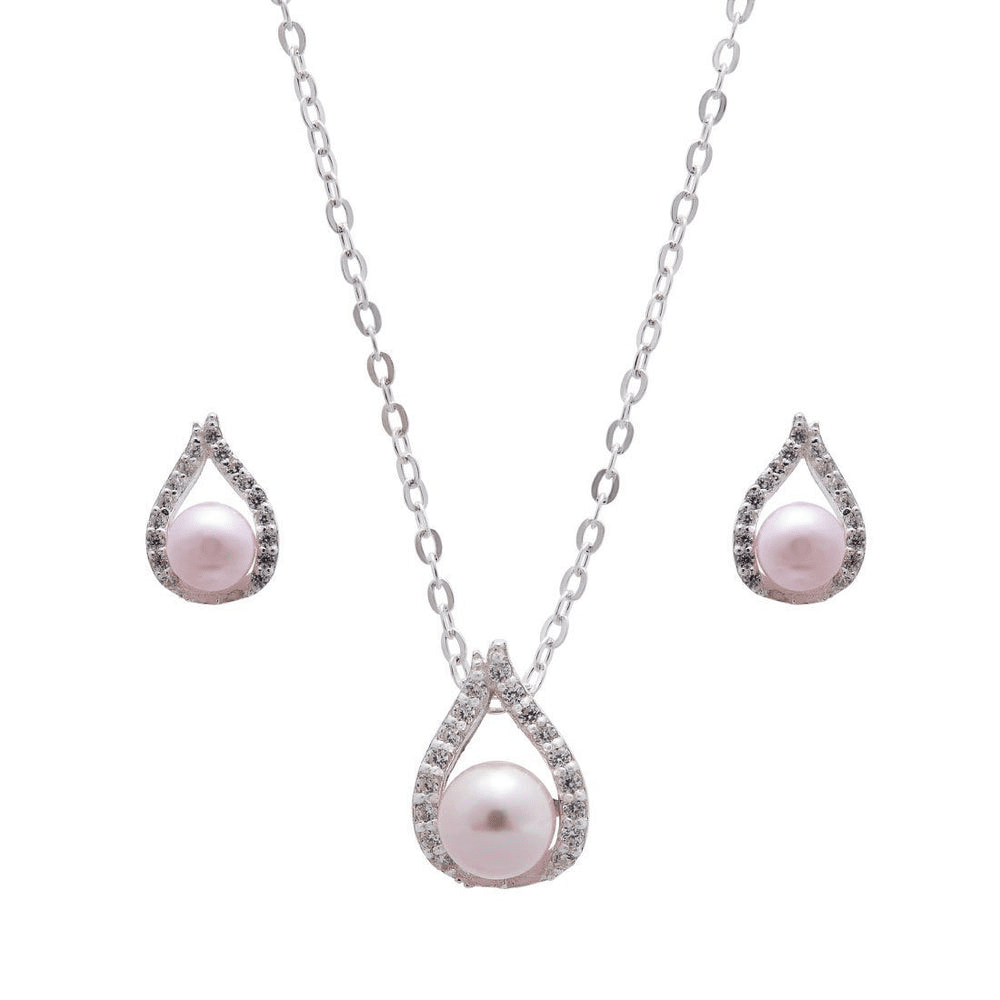 Synthetic Pink Pearl Necklace and Earrings Set in Sterling Silver Bevilles 