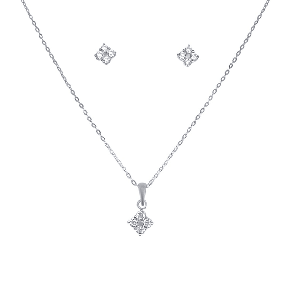 Diamond Shaped Cluster Stud Earrings and Necklace Set with Cubic Zirconia in Sterling Silver Bevilles 