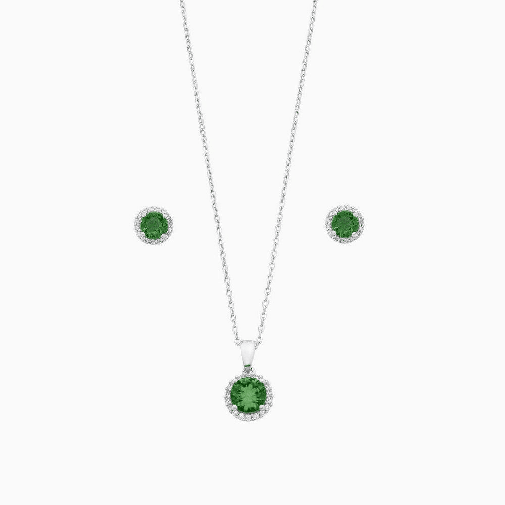 Sterling Silver with Dark Green and White Cubic Zirconia Earrings and Necklace 45cm Set Bevilles 