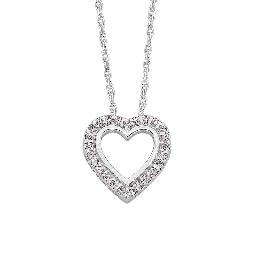 45cm Children's Sterling Silver Open Heart Pink Cubic Zirconia Necklace Pendants Bevilles 