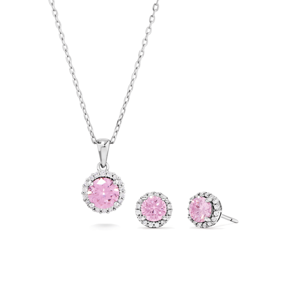 Sterling Silver Pink Cubic Zirconia Necklace and Earrings Set Bevilles 