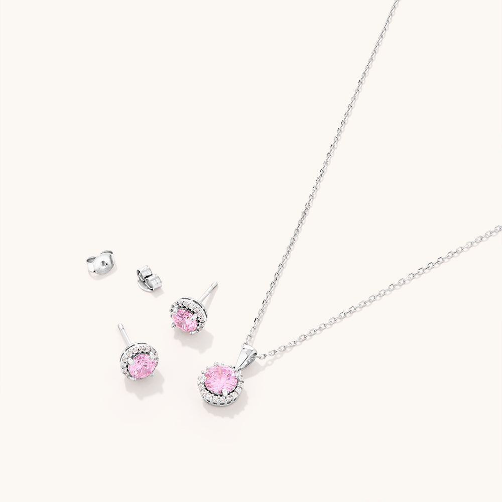 Sterling Silver Pink Cubic Zirconia Necklace and Earrings Set Bevilles 