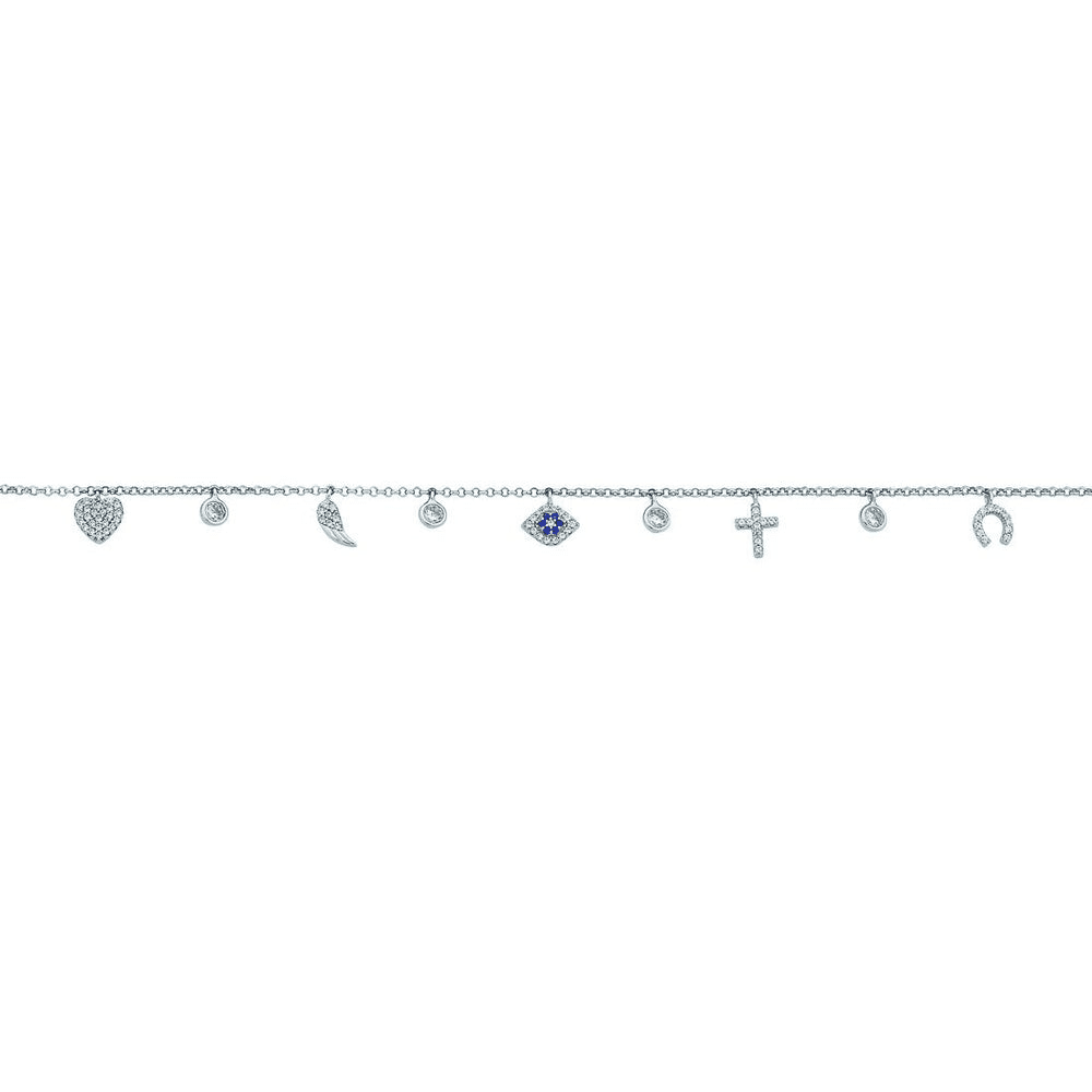 25cm Sterling Silver Cubic Zirconia 9 Charm Anklet Bevilles 