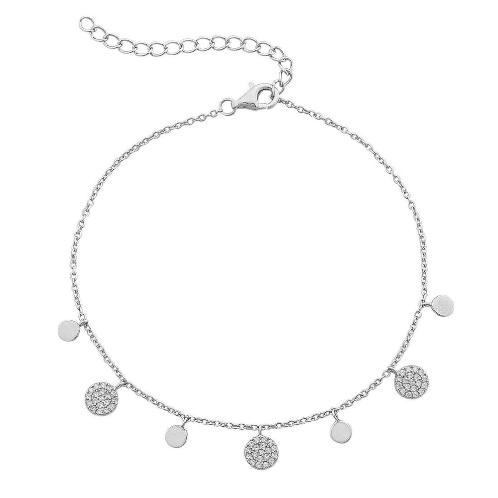 25cm Sterling Silver Plain and Large Cubic Zirconia Pave Disc Charm Anklet Bevilles 