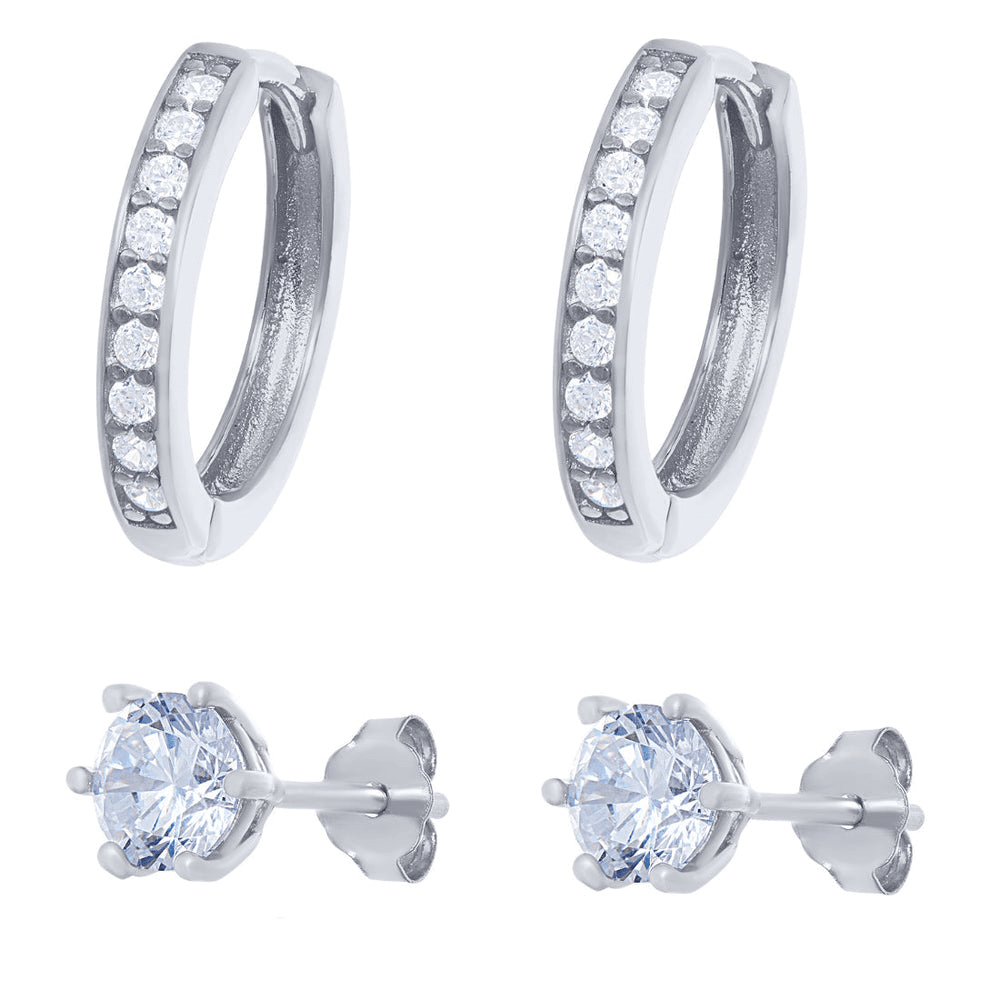 Sterling Silver Cubic Zirconia Hoop and Stud Earring Set Bevilles 