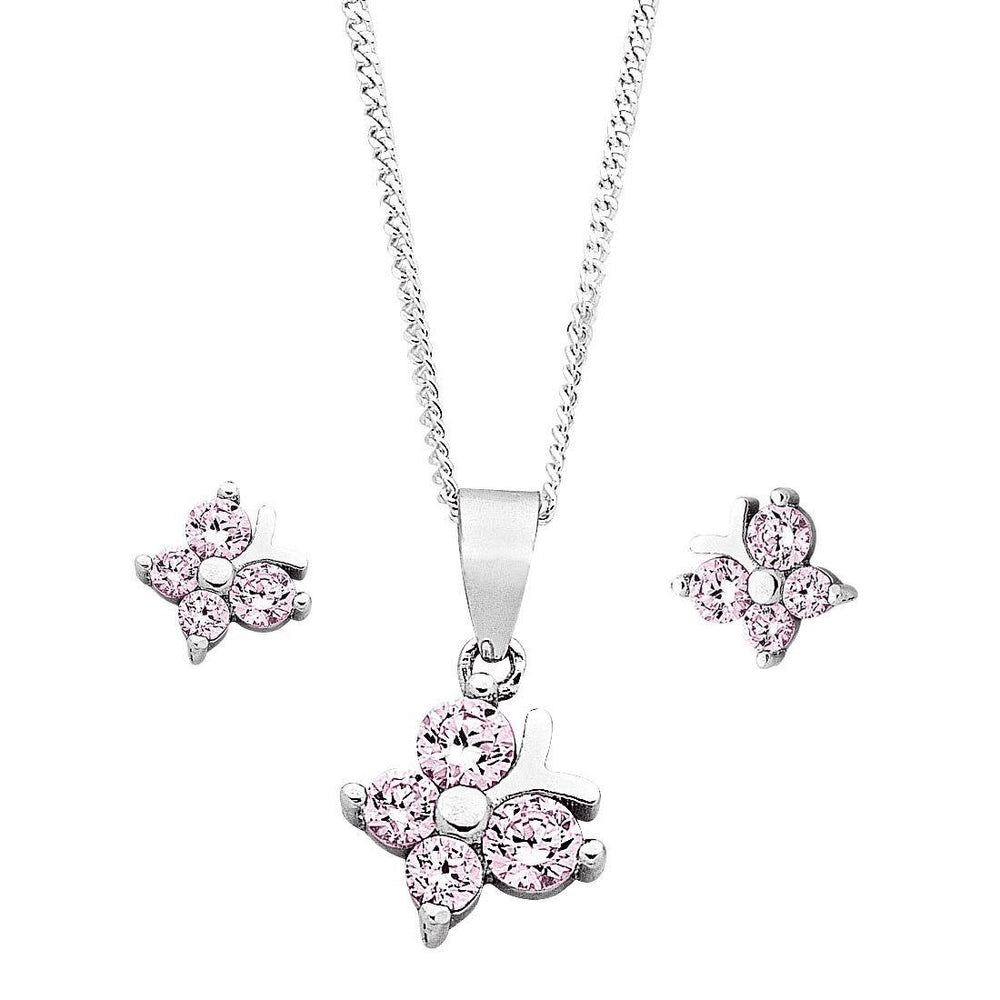Children's Sterling Silver Pink Butterfly Earring & Necklace Set Bevilles 