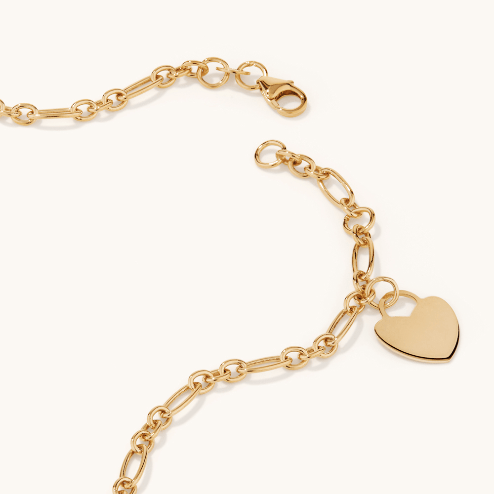 27cm Heart Charm Figaro Anklet in 9kt Bonded Gold Silver Filled Bevilles 