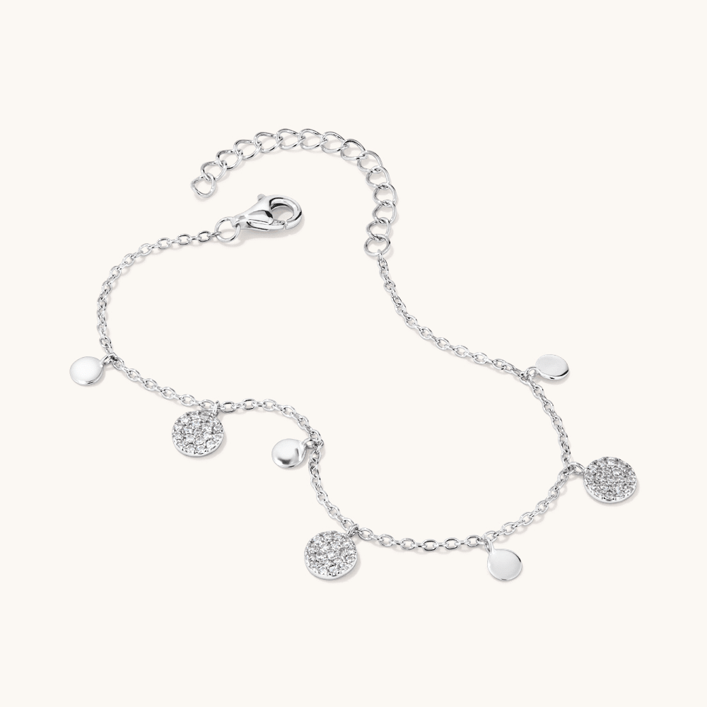 20cm Alternating Plain and Pave Cubic Zirconia Discs Bracelet in Sterling Silver Bangles Bevilles 