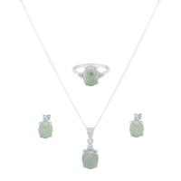Oval Cut Jade and Diamond Jewellery Set in Sterling Silver Pendants Bevilles 